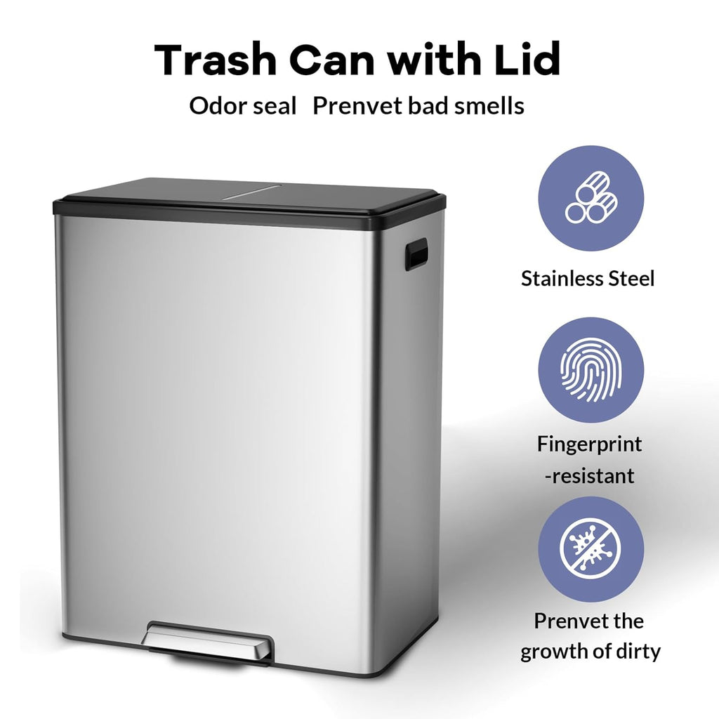 GarveeHome Step Dual Trash Can, 60L/16 Gallon Recycle Bins with Lid, 2 Removable Wastebusket, Step