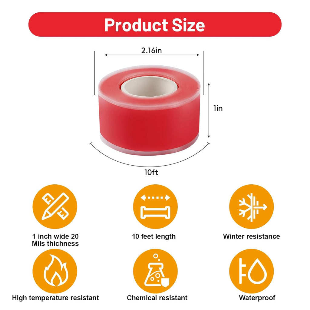 Self Fusing Silicone Tape 4 Rolls 1 in x 10' Red Waterproof Rescue Tape Rubber Leak Silicone