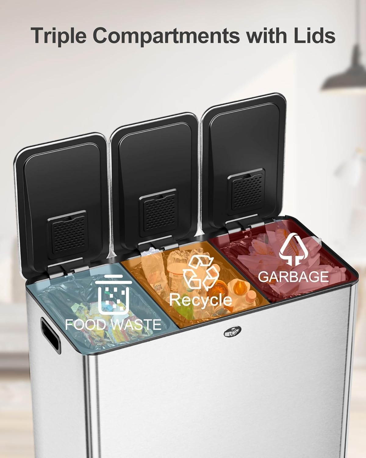 90L/3 x 7.9 Gal Trash Can,Three-Compartment Pedal Stainless Steel Kitchen Recycling Trash Can with