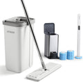 JOYMOOP White Flat Mop & Bucket with 1 Microfiber Pad, 12 Disposable Toilet Brushes, Stainless