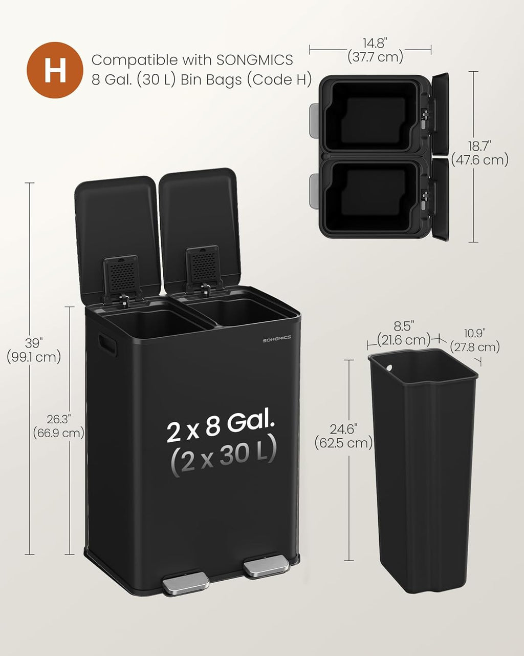 SONGMICS Trash Can, 2 x 8 Gallon (2 x 30 L) Dual-Compartment Garbage Can with Soft-Close Lid, Pedal