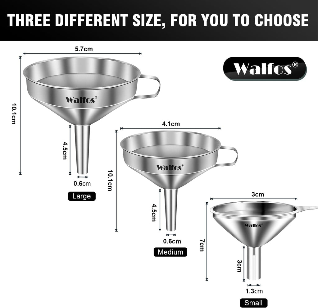 Stainless Steel Funnel, Walfos 3 Different Sizes of Kitchen funnels with 2 Removable Strainer ＆