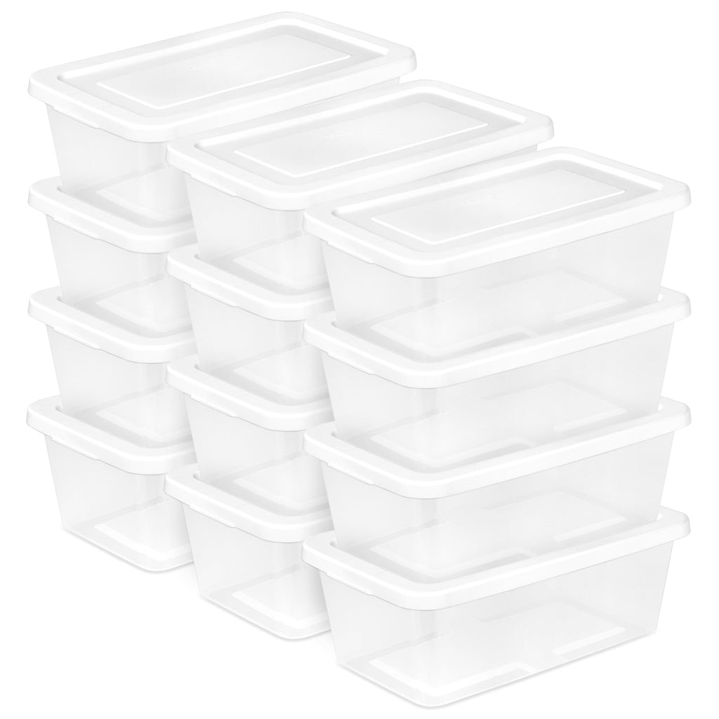 Sterilite 6 Quart Storage Box, Clear Plastic with White Snap Lid, 12 Pack