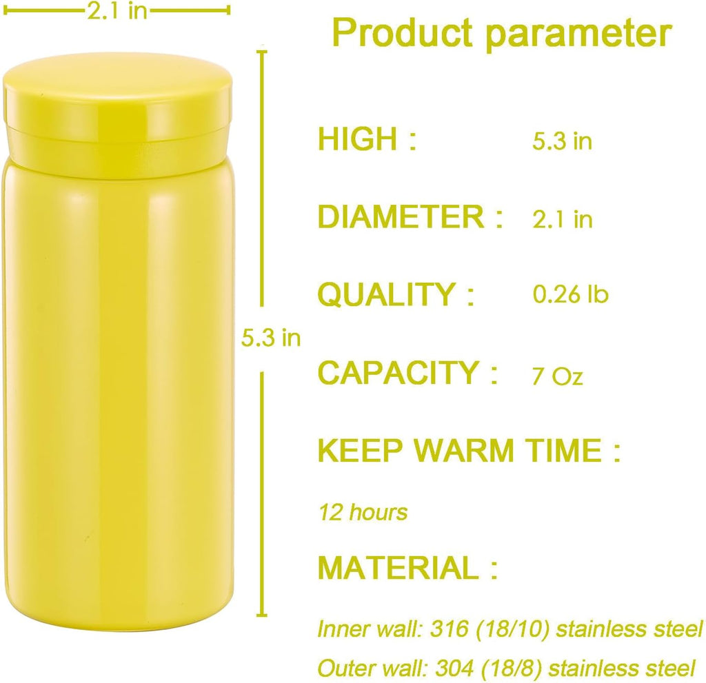 Mini Thermos Cute Water Bottle - 7 oz Tiny Insulated Vacuum 18/10 Stainless Steel Small Flask