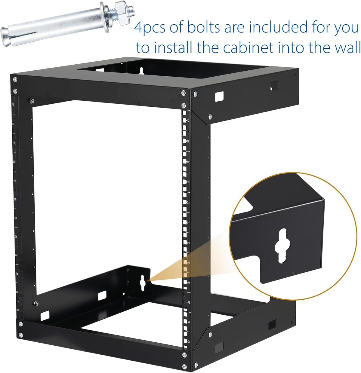 12U Wall Mount Rack Open Frame 19 Inch Server Equipment 2 Post Network Cabinet 18 inches Depth