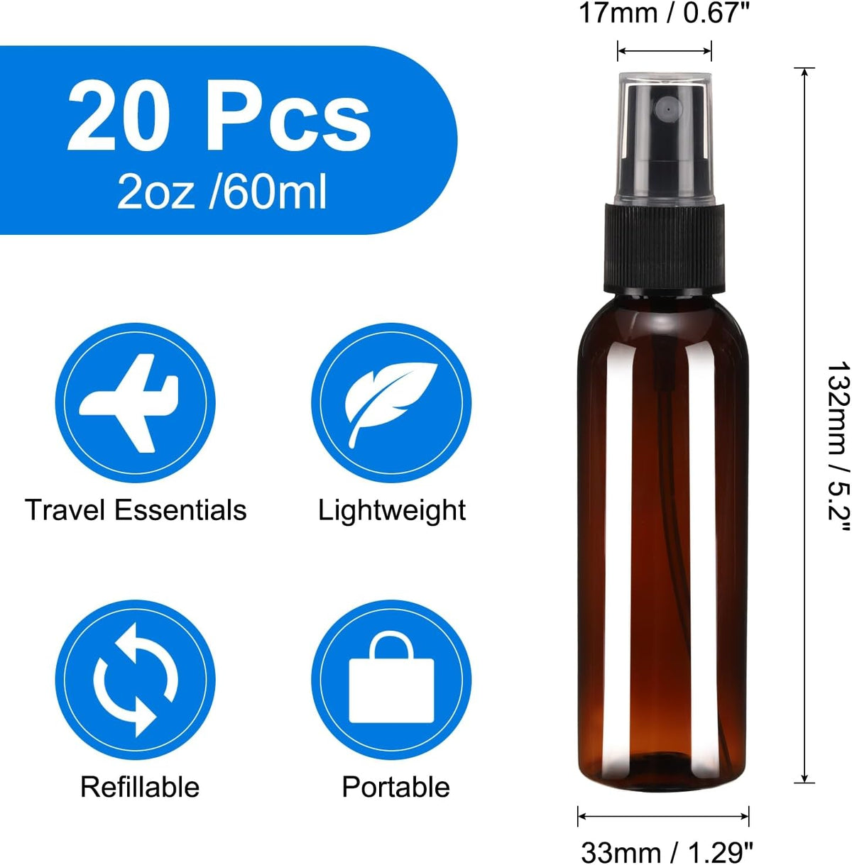 uxcell 20 Pack Spray Bottles, 2Oz/60ML Reusable Clear Empty Mist Plastic Mini Travel Bottle