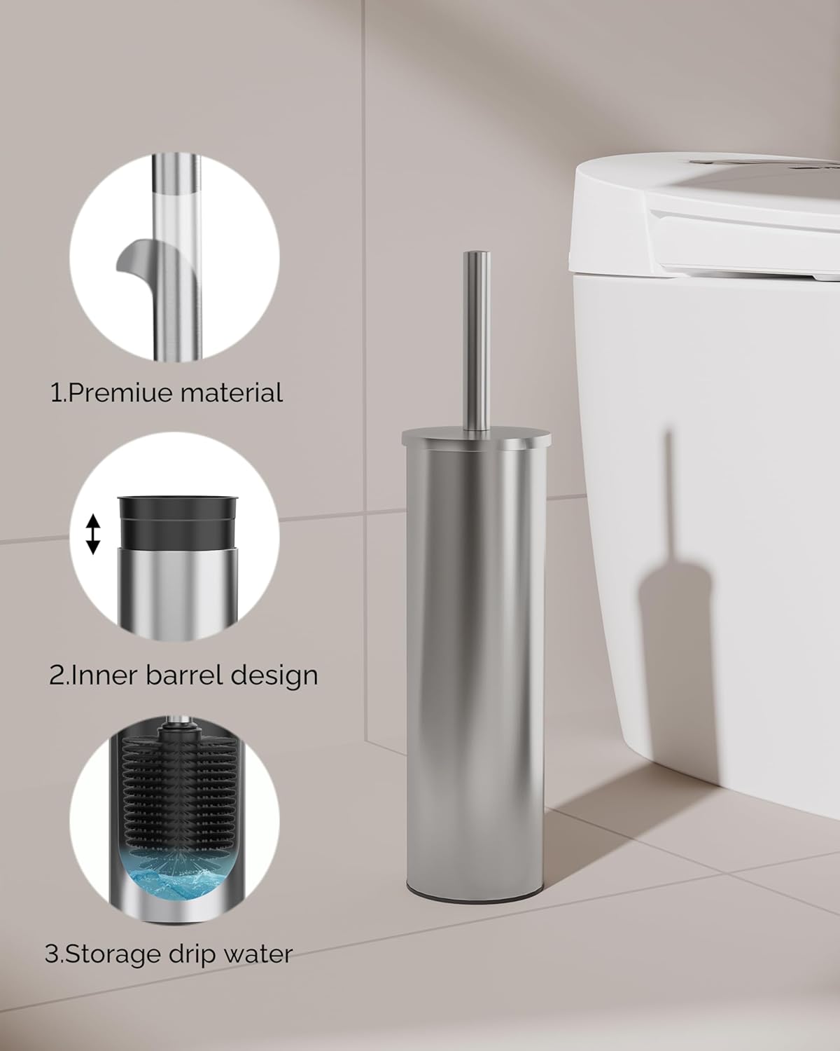 Toilet Brush and Holder Set, 2 Pack Stainless Steel Toilet Bowl Brush with Lid, Rust Proof Toilet
