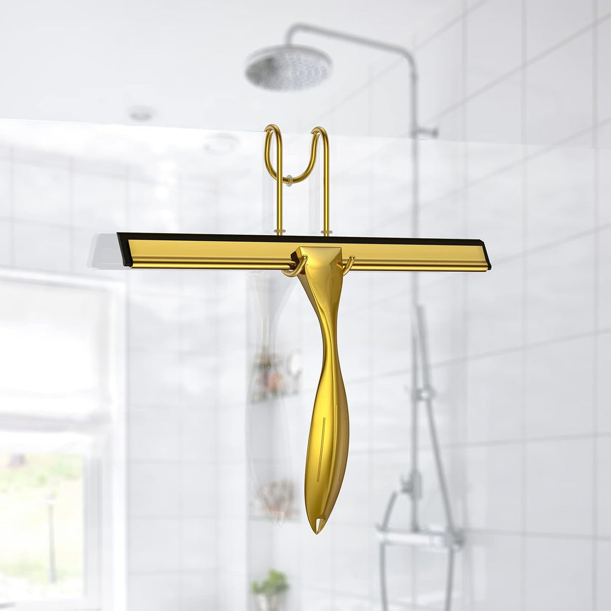 14-Inches Stainless Steel Shower Squeegee Set, Include Shower Door Hook, Adhesive Hook and Spare