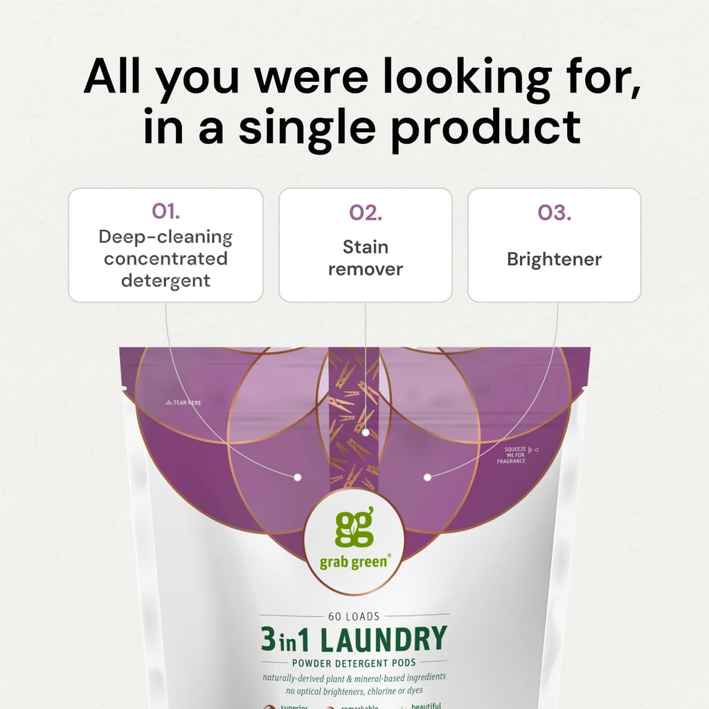 Grab Green 3-in-1 Laundry Detergent Pods, 60 Count, Vetiver Scent, Plant and Mineral Based