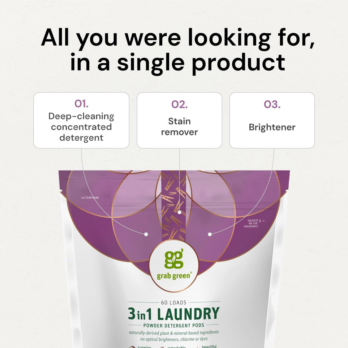 Grab Green 3-in-1 Laundry Detergent Pods, 60 Count, Vetiver Scent, Plant and Mineral Based