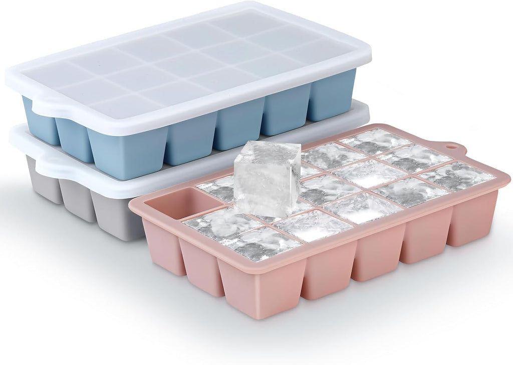 Silicone Ice Cube Trays 3Packs, Easy Release Ice Cube Molds with Lid, Freezer Stackable Ice Maker