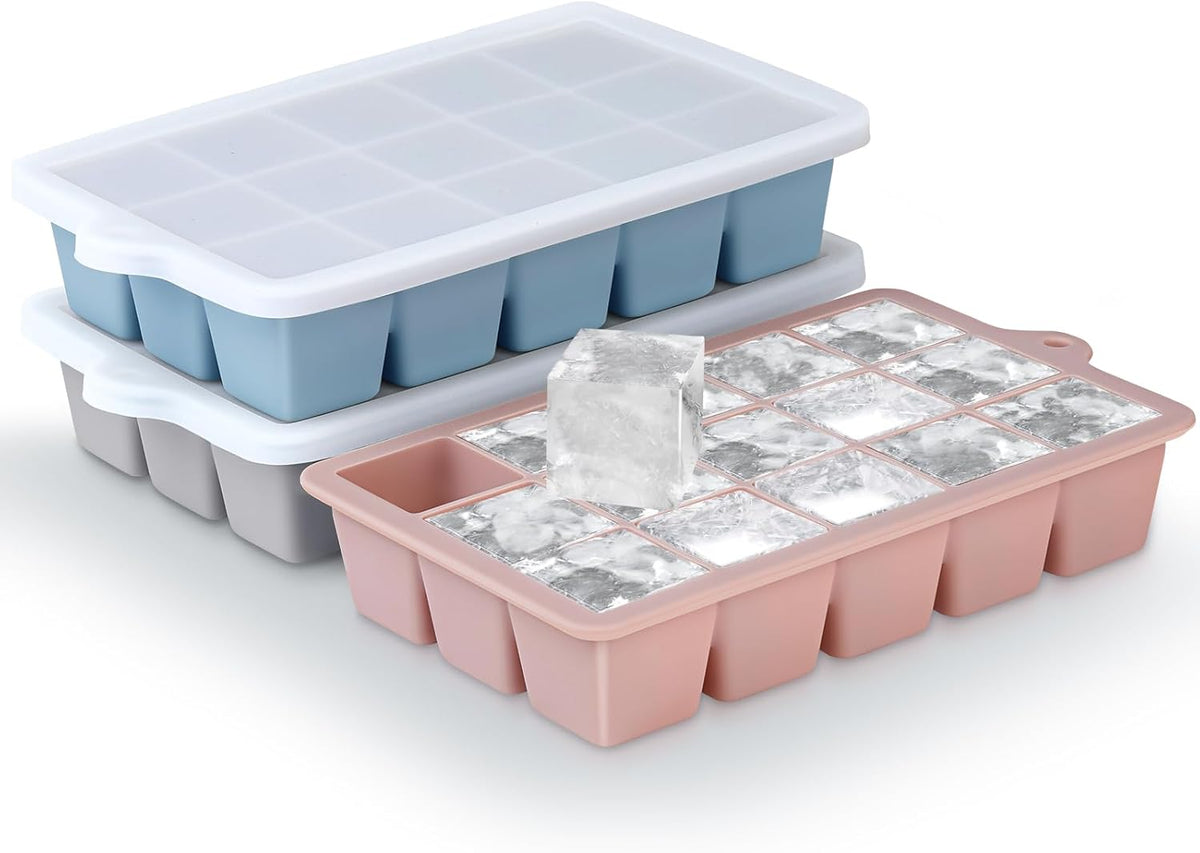Silicone Ice Cube Trays 3Packs, Easy Release Ice Cube Molds with Lid, Freezer Stackable Ice Maker