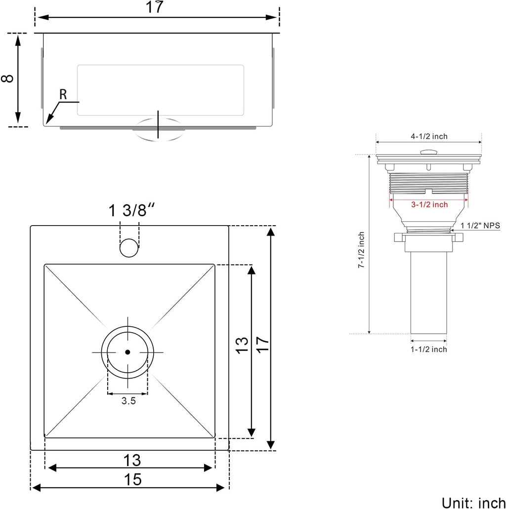 15x17 inch Bar Sink Drop in, Handmade 304 Stainless Steel Sink, 8" Deep Single Bowl, R10 Tight