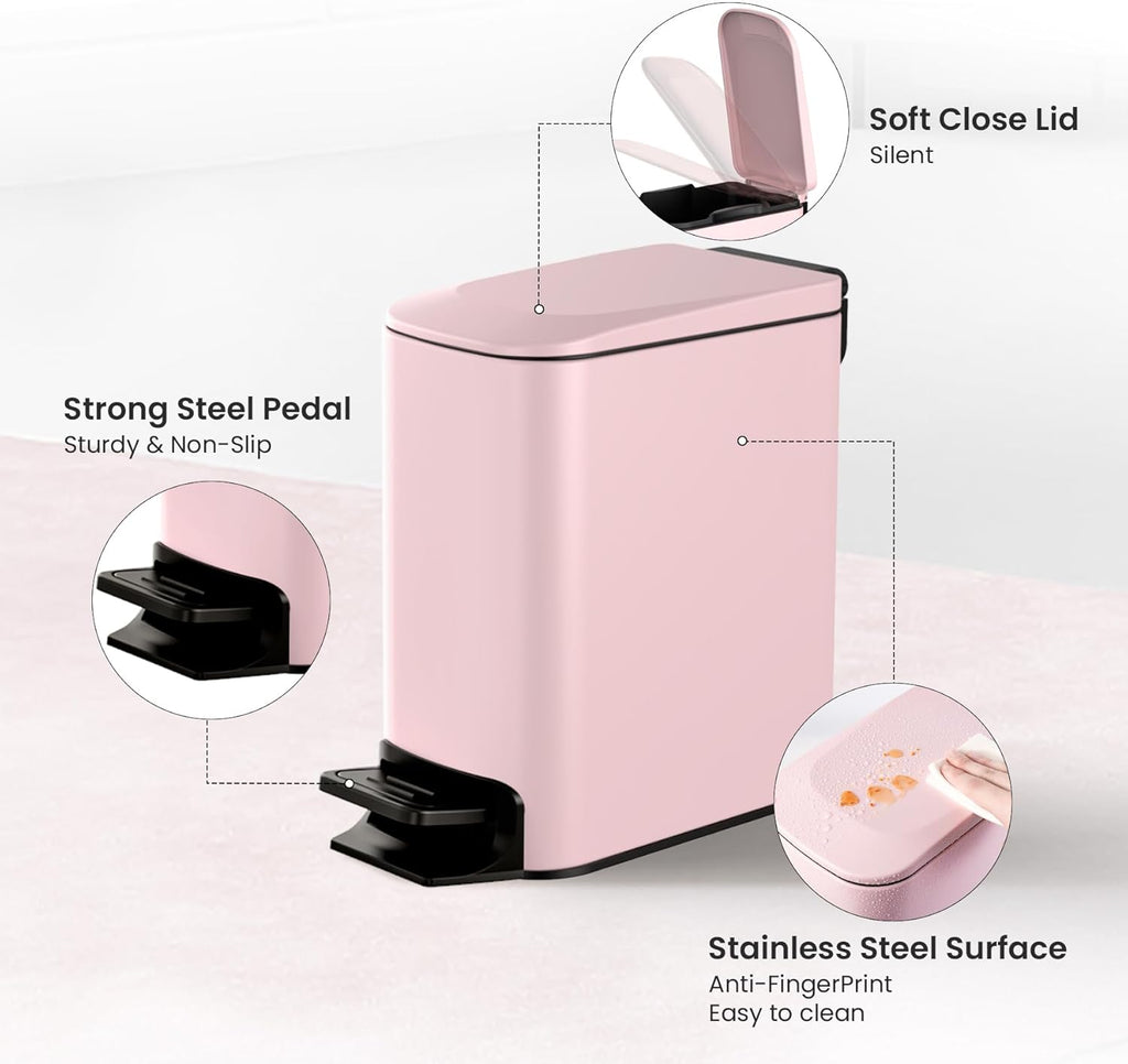 Cesun Small Bathroom Trash Can with Lid Soft Close, Step Pedal, 6 Liter / 1.6 Gallon Stainless