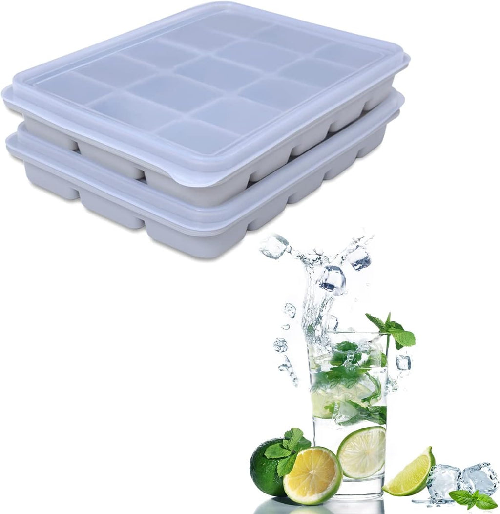 Ice Cube Trays Set of 2, Easy Release 15 Flexible Silicone Ice Cube Molds with Removable Lid