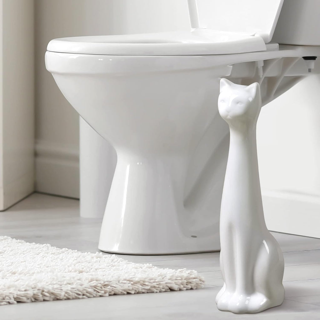 Allure Home Creation White Cat 2-Piece Toilet Brush Holder and Brush Set