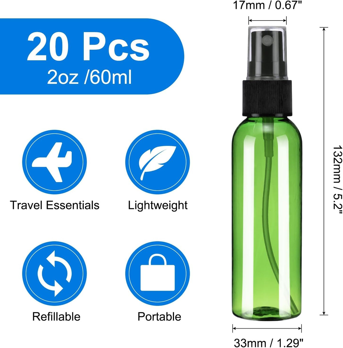 uxcell 20Pack Spray Bottles, 2 Oz/60ML Reusable Clear Empty Mist Plastic Mini Travel Bottle