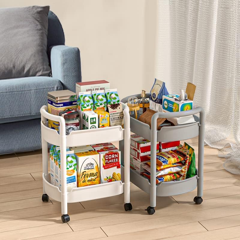 2-Tier Plastic Rolling Utility Cart with Handle Tower Rack Snack Cart with Wheels Multi-Functional