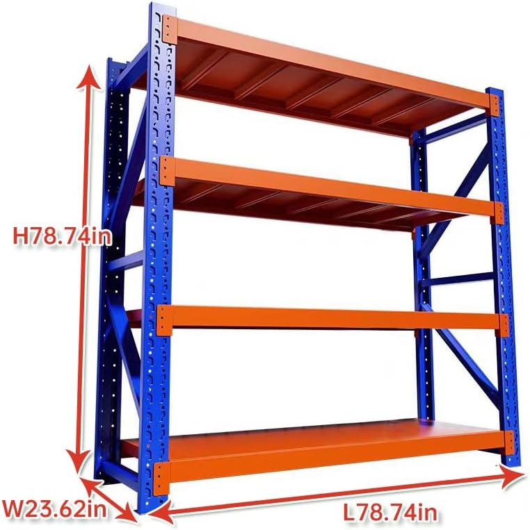 Industrial Metal Storage Shelves - Large, Heavy Duty, 4 Levels, Blue & Orange, Warehouse Racking