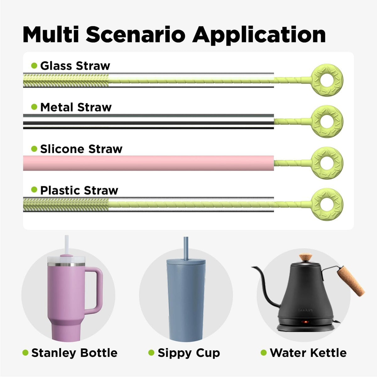 2 Pcs Silicone Straw Cleaner Brush, Extra Long Cleaning Brushes for Straws, 6mm&9mm, Green