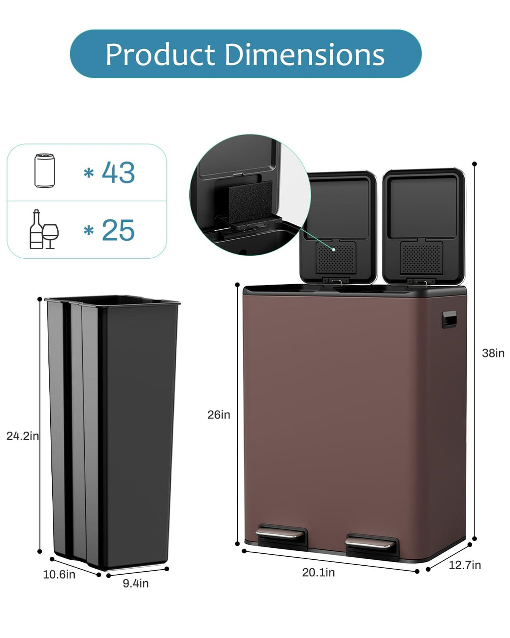 16 Gal (2 x 30 L) Dual Trash Can, Stainless Steel Kitchen Garbage Bin, Recycle Dustbin with Odor