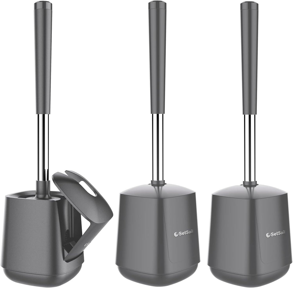 SetSail Toilet Brush and Holder 3 Pack, Self Closing Lid Toilet Bowl Brushes Holder Extra Long