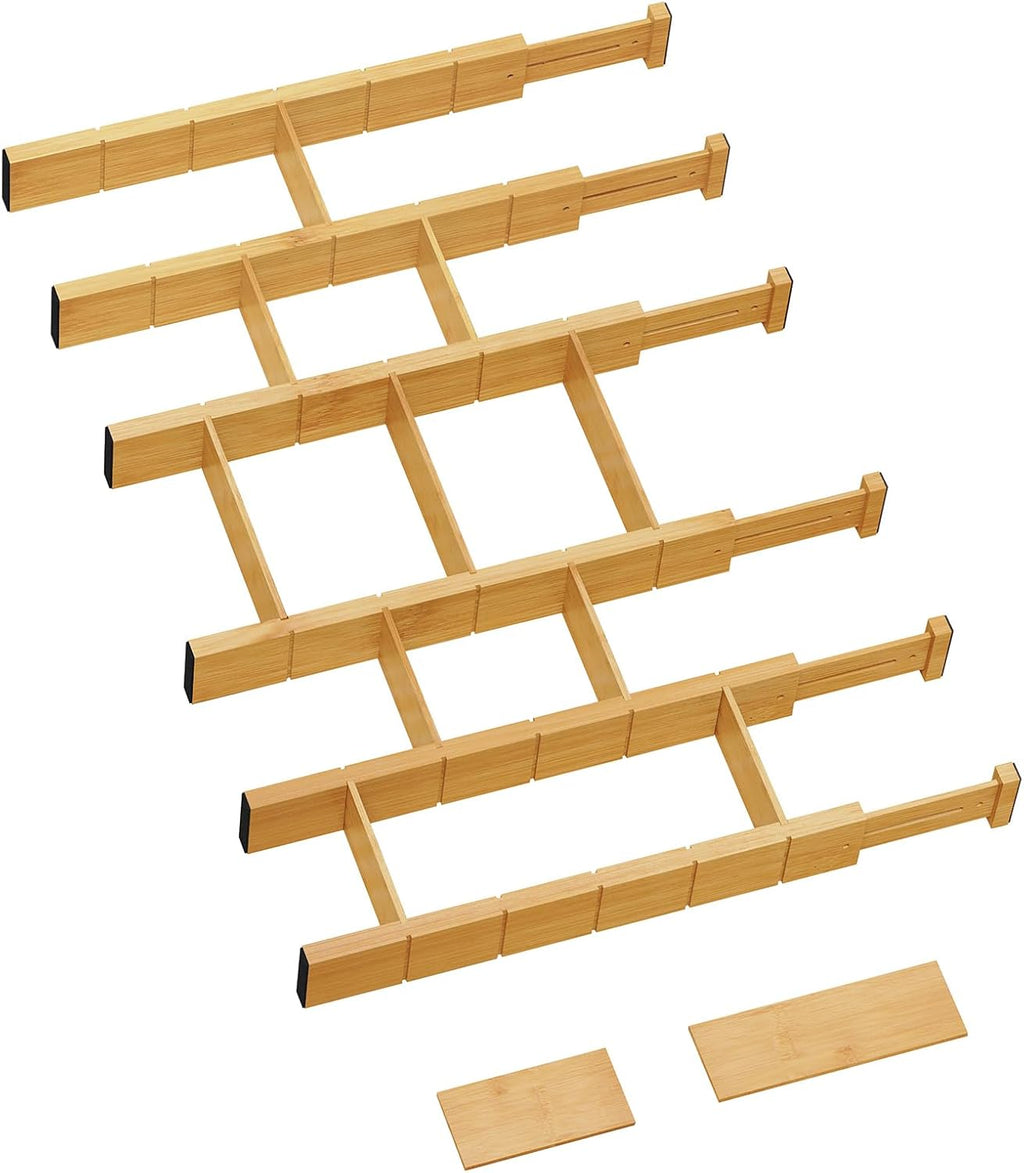 6 Pack Bamboo Drawer Dividers with 12 Inserts, Expandable Adjustable Clothes Drawer Organizers and