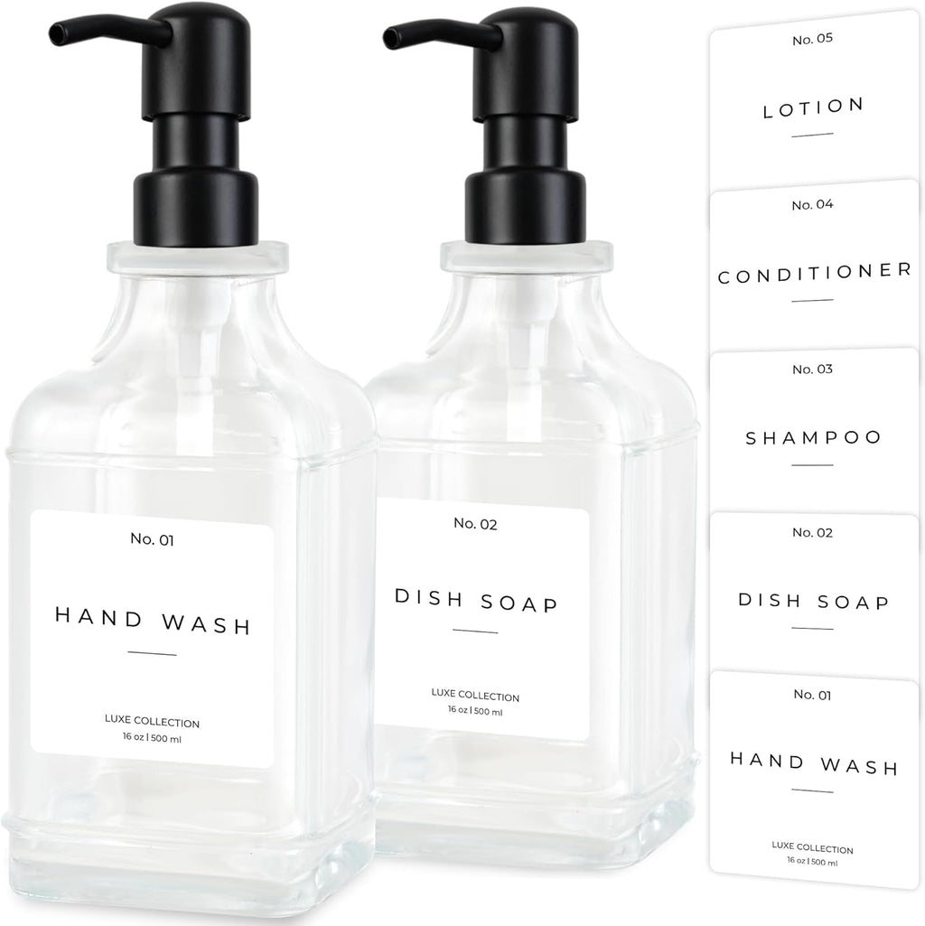 Emerson Essentials Glass Soap Dispenser Set – 16 oz 2-Pack – Refillable Dish & Hand Soap Dispensers