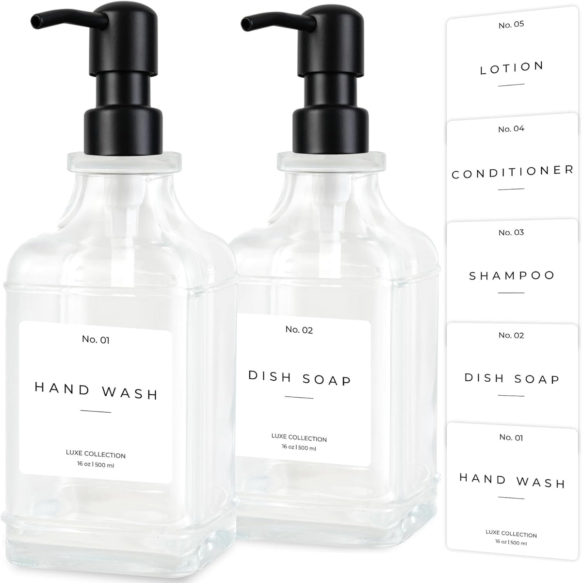 Emerson Essentials Glass Soap Dispenser Set – 16 oz 2-Pack – Refillable Dish & Hand Soap Dispensers