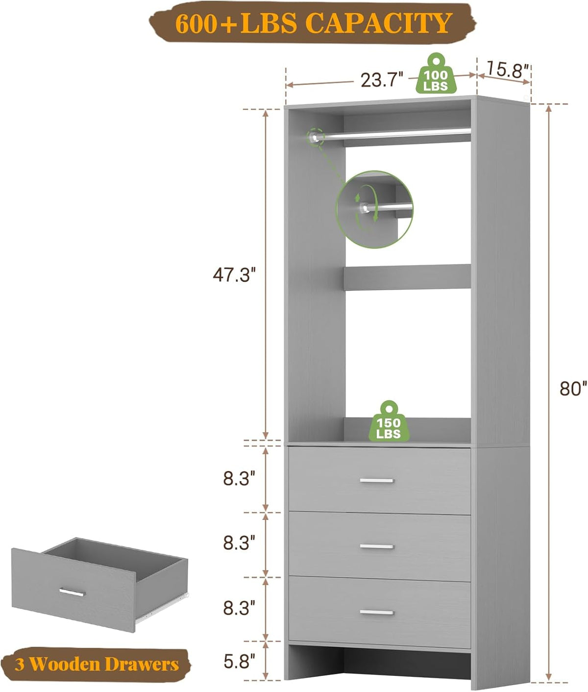 Aheaplus 2FT Closet System with 3 Drawers, 24’’ Closet Organizer, Wood Closet Organizer System