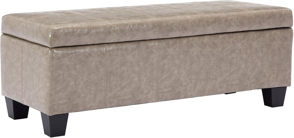 Faux Leather Ottoman with Storage, 42 Inch Rectangular Storage Ottoman Bench with Safety Hinged