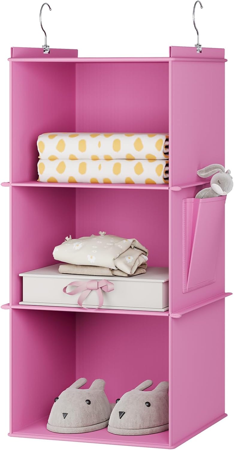 YOUDENOVA Hanging Closet Organizer, 3-Shelf Closet Hanging Storage Shelves, Light Pink