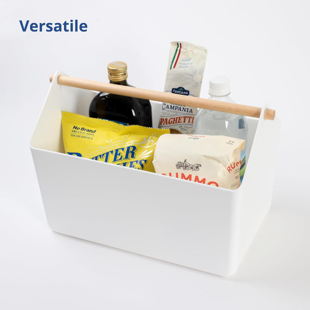 BLUE GINKGO Large Storage Basket – Plastic Caddy with Wooden Handle for Bathroom, Pantry, or