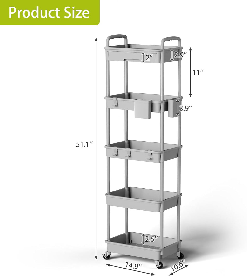 5 Tier Rolling Cart Organizer,Bathroom Cart Organizers with Wheels Laundry Room Organization Mobile