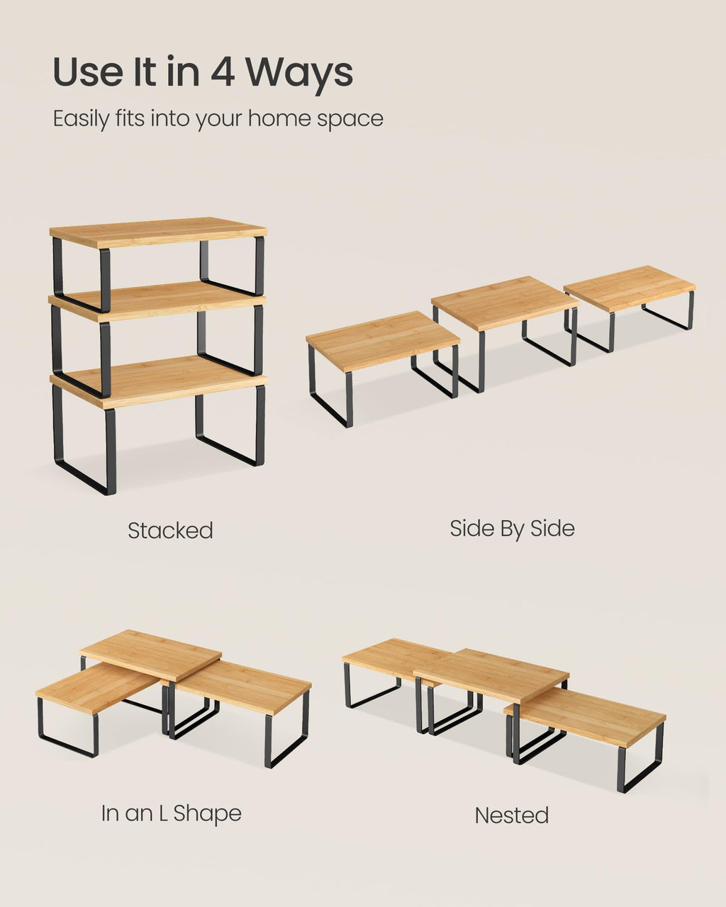 SONGMICS Cabinet Organizer Shelf, Set of 3 Kitchen Counter Shelves, Kitchen Storage, Spice Rack