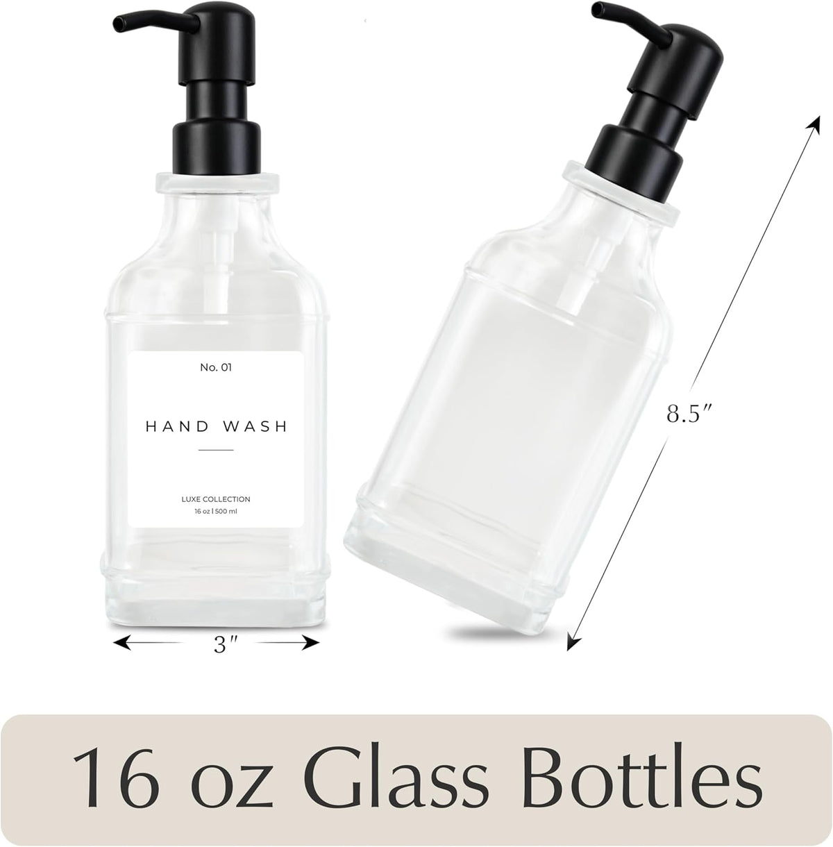 Emerson Essentials Glass Soap Dispenser Set – 16 oz 2-Pack – Refillable Dish & Hand Soap Dispensers