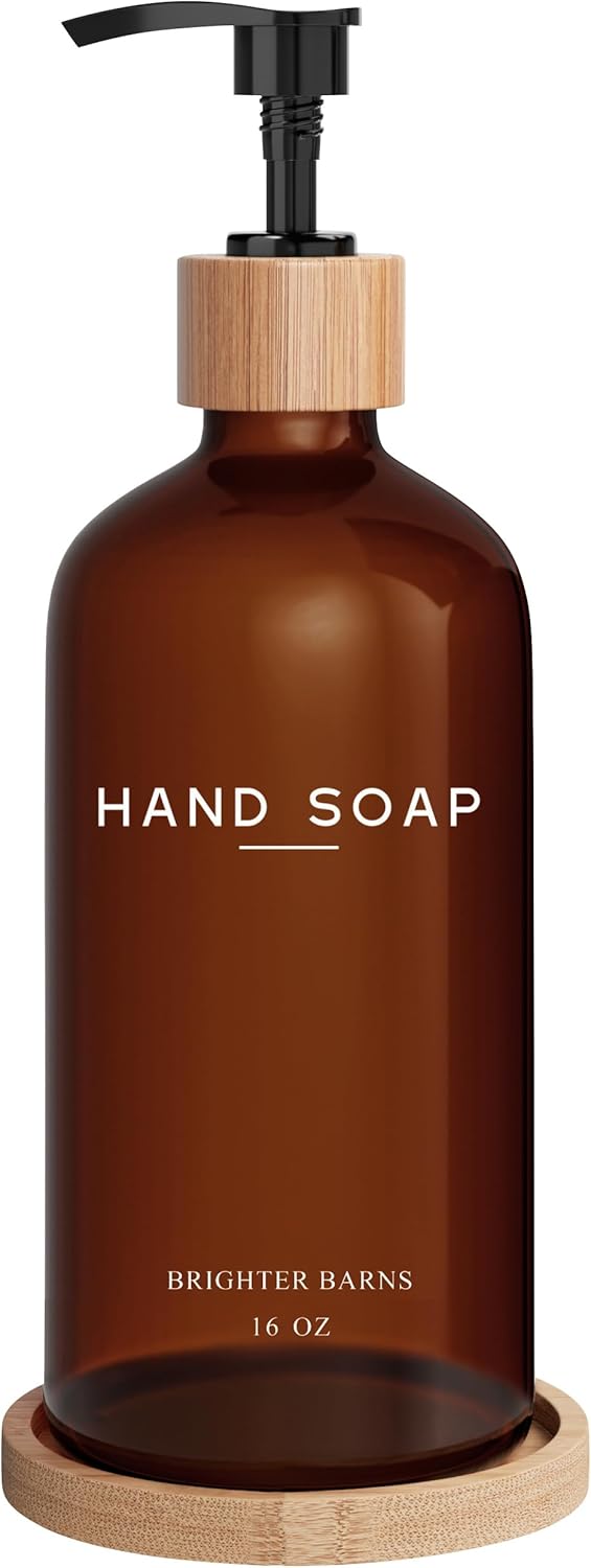 Amber Glass Hand Soap Dispenser Bathroom Set by Brighter Barns - Hand Soap Dispenser for Kitchen