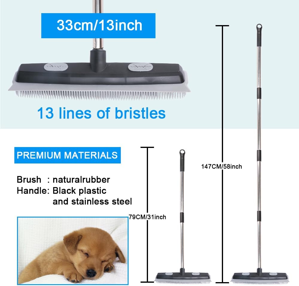 Pet Hair Rubber Broom with Carpet Rake and Squeegee, 2 in 1 Floor Brush for Carpet, 58 inch