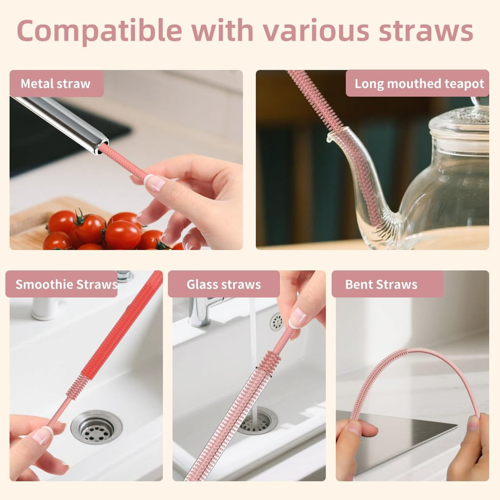 4PCS Silicone Straw Cleaner Brush, Reusable Straw Brush Extra Long for Cleaning Glass Metal