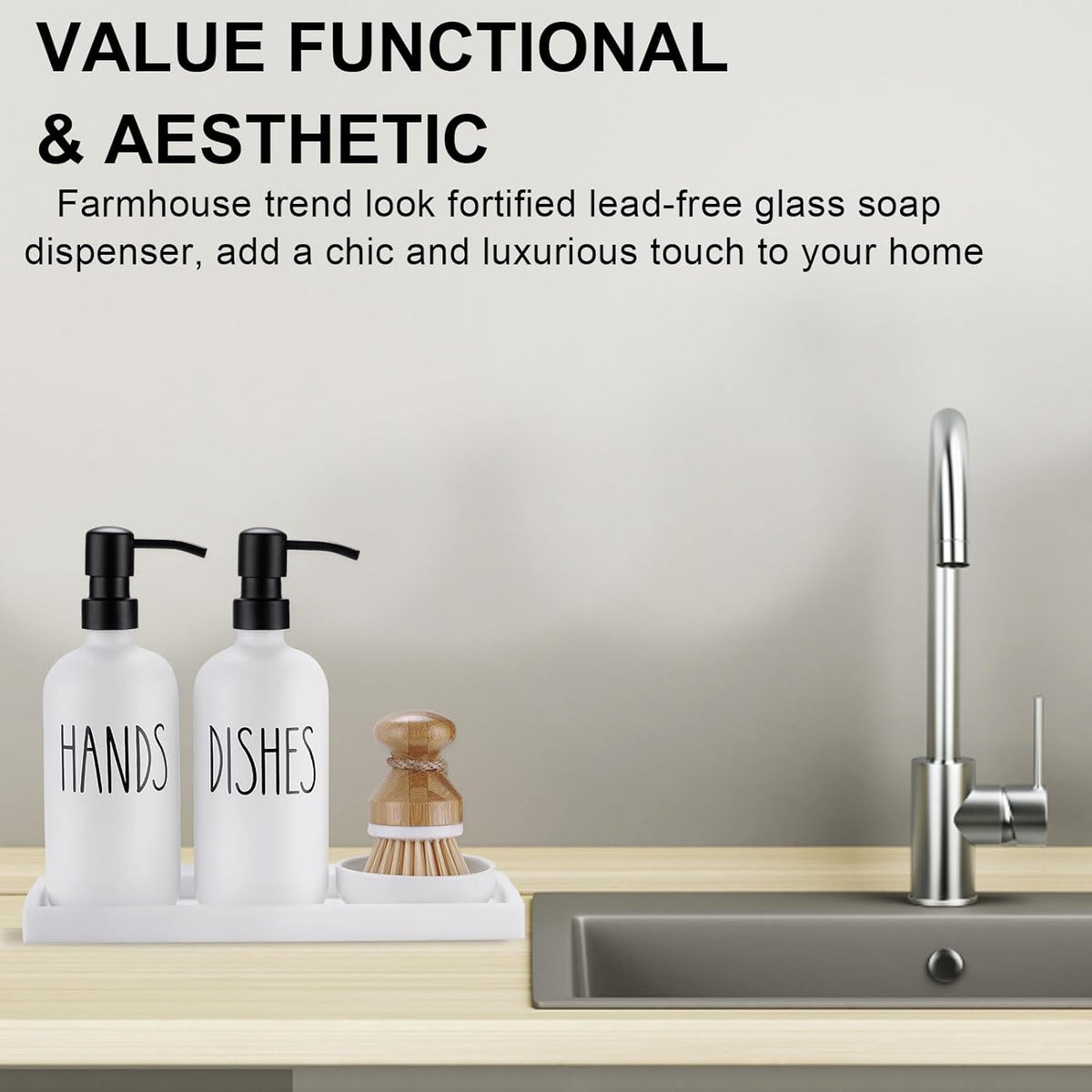 Glass Soap Dispenser for Kitchen, Farmhouse Dish Hand Soap Dispenser Set, Rustproof Pump Dispenser