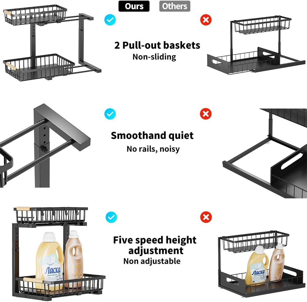 Under Sink Organizer, 2 Tier Under Sink Organizers and Storage, Metal Slide out Pull out Cabinet