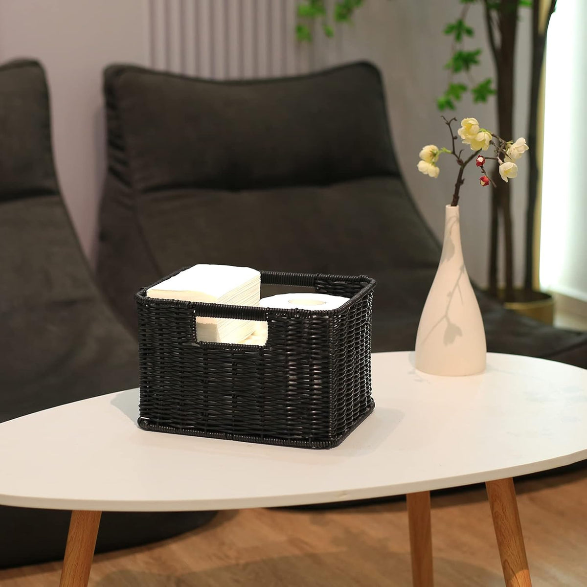 HOONEX Large Wicker Baskets for Storage, Woven Plastic With Dual Handles, Set of 3, Black
