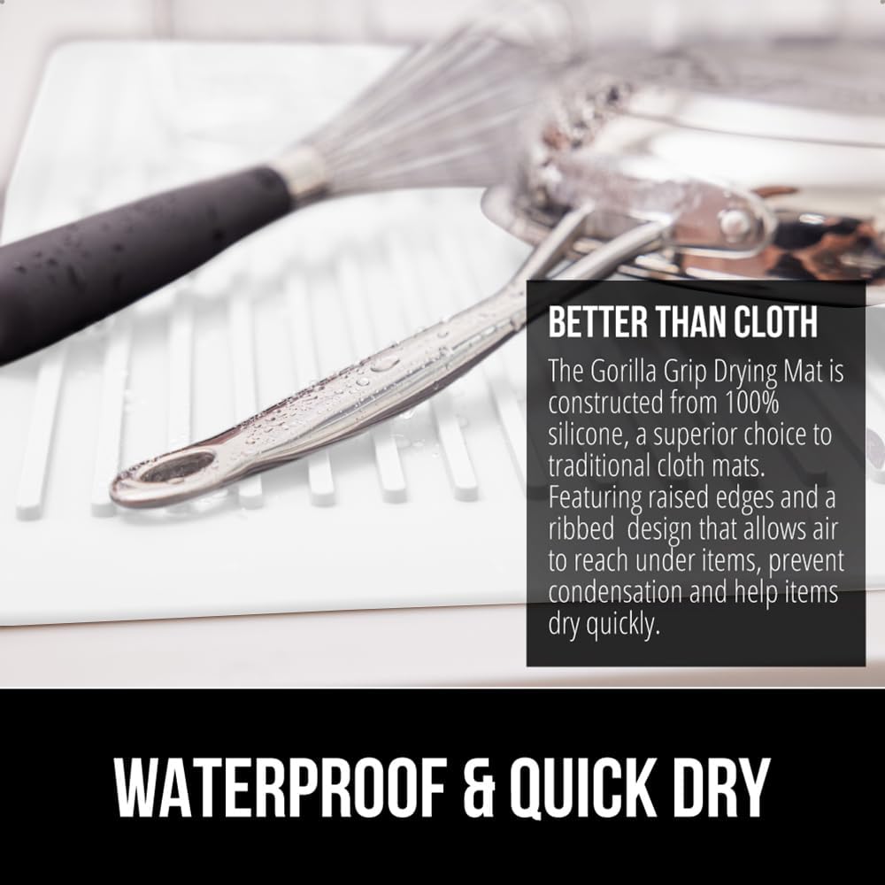 GORILLA GRIP 100% BPA-Free Patented Silicone Dish Drying Mat for Kitchen Counter, Water Catching