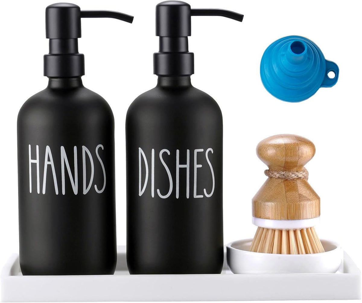Glass Soap Dispenser for Kitchen,Farmhouse Dish &Hand Soap Dispenser Set, Rustproof Pump with Tray