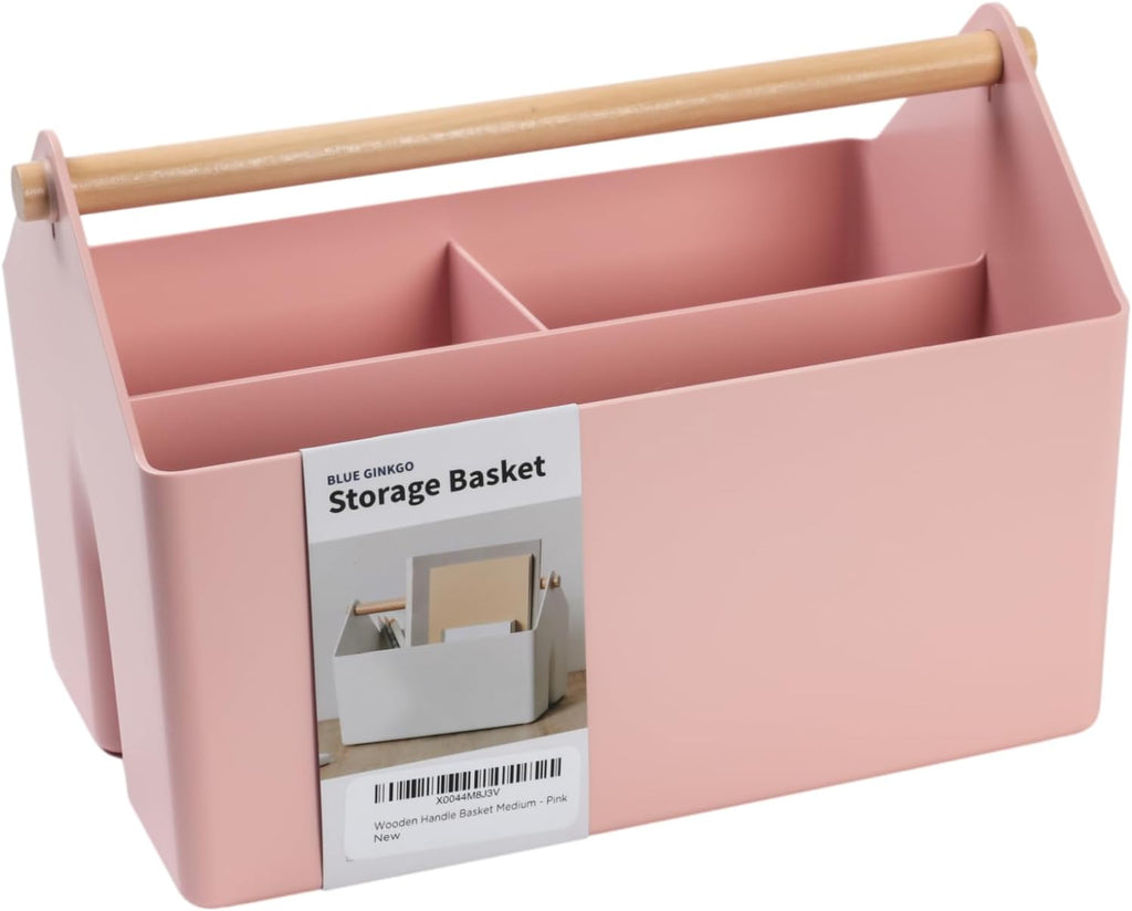 BLUE GINKGO Medium Storage Basket – Plastic Caddy with Wooden Handle for Office, Arts & Crafts, or