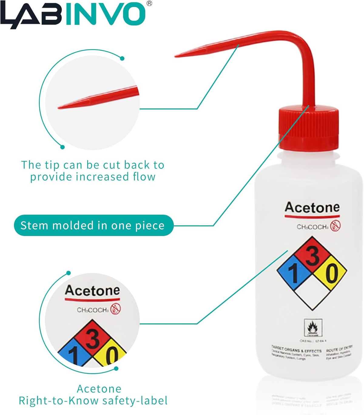 Acetone Wash Bottle, 1PC of Vol.500ml (17oz), Narrow Mouth, Self-Venting Safety Wash Bottle, LDPE