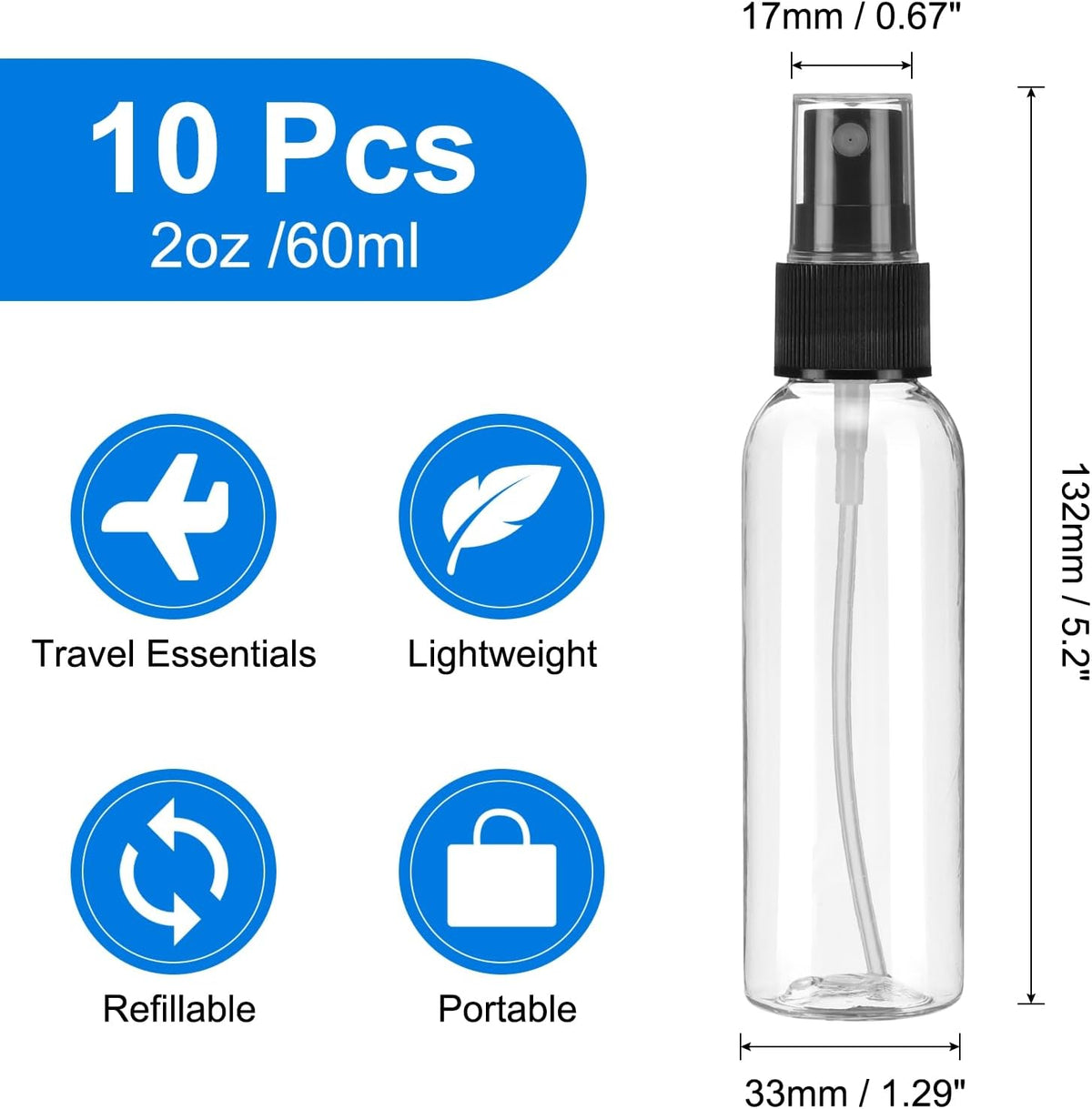 uxcell 10 Pack Spray Bottles, 2 Oz/60ML Clear Empty Mist Plastic Mini Travel Bottle Set,Small
