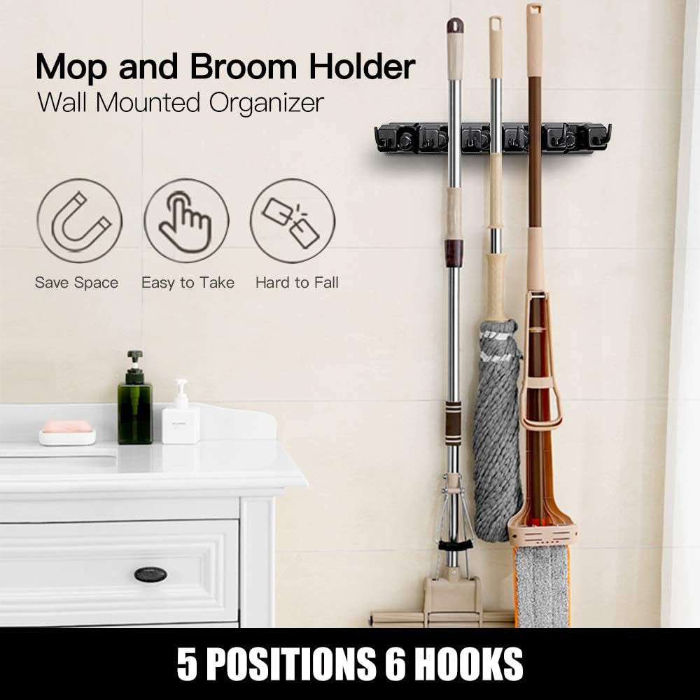 IMILLET 2 Pack Mop and Broom Holder, Wall Mounted Organizer Mop and Broom Storage Tool Rack with 5
