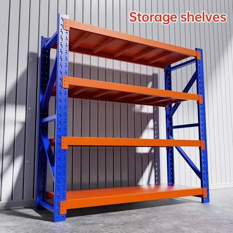 Industrial Metal Storage Shelves - Large, Heavy Duty, 4 Levels, Blue & Orange, Warehouse Racking