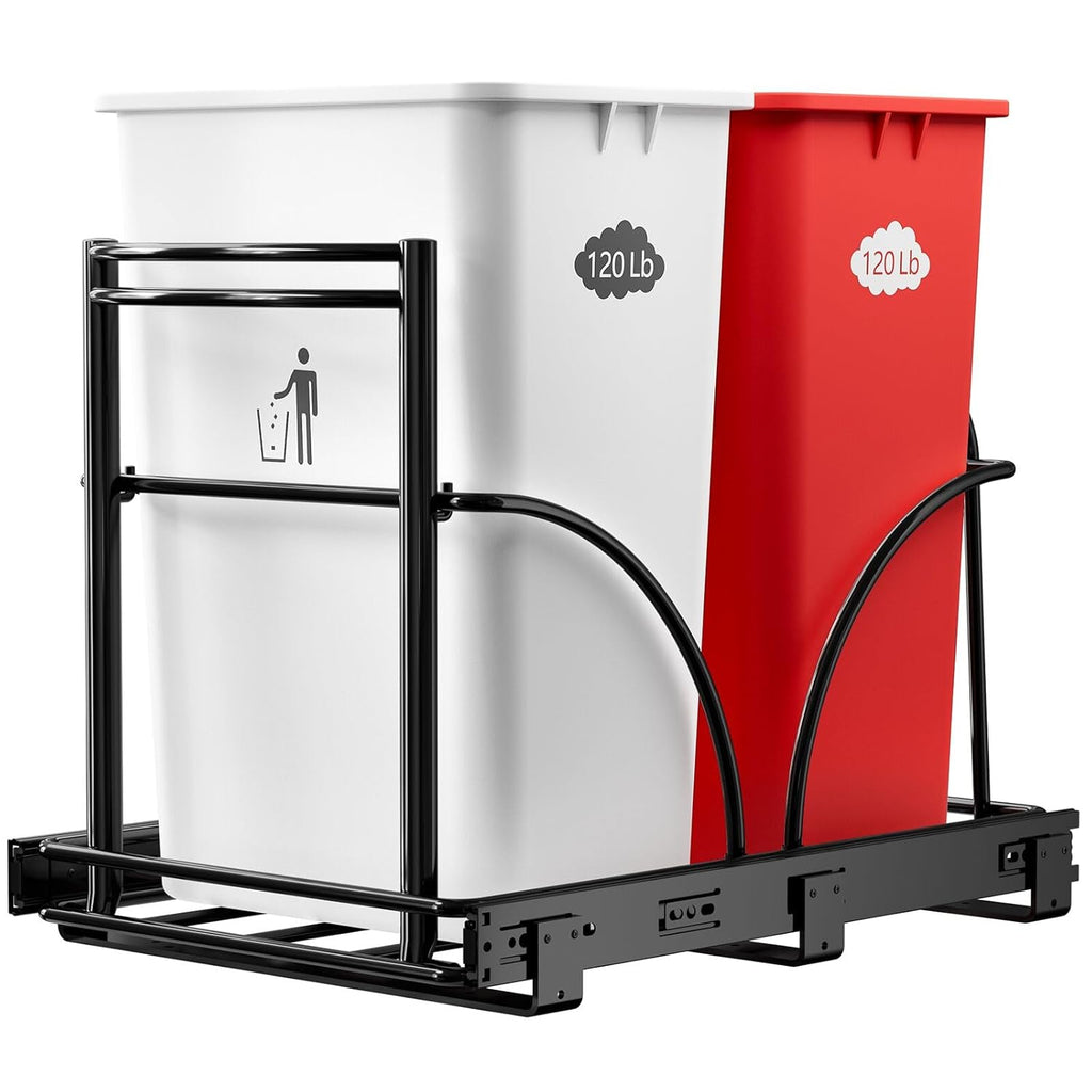 Dual Under Sink Trash Can Heavy Duty Pull Out Trash Can Under Cabinet, Fits 2x35Qt (7-9 Gal)